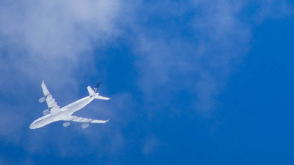 Lufthansa jet flies over Koblenz, Germany.