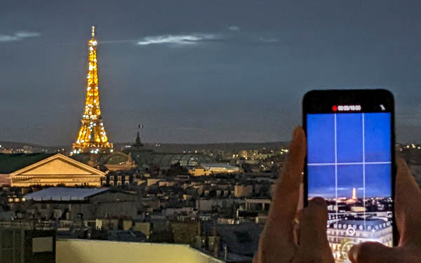 Eiffel Tower at night from Galeries Lafayette Paris Haussman.