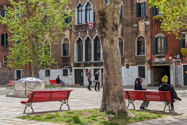 Campo Sant'Agnese with benches, Venice, Italy.