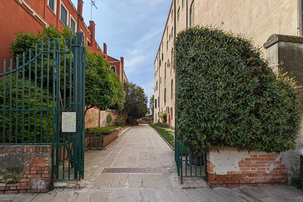 Parco Savorgnan entrance on Fondamenta Venier, Venice, Italy.